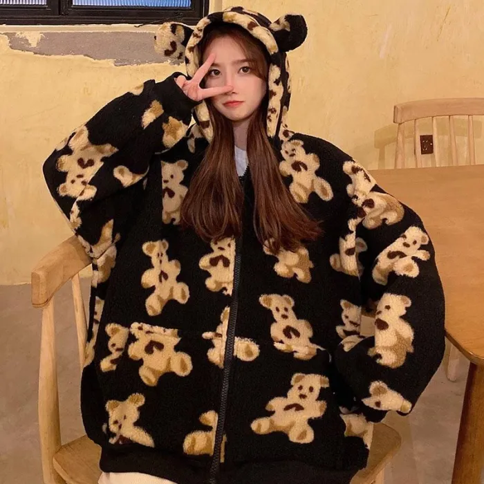 Oversize Hoodie Zip-Up Teddy Coat Harajuku Casual Loose Kawaii Bear Ears Hooded Sweatshirt Cartoon Outwear