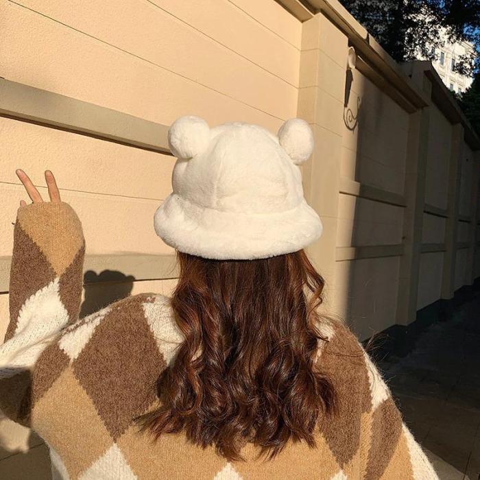 Plush Printed Fluffy Bear Ear Bucket Hats
