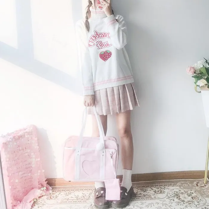 Kawaii Strawberry Milk Letter Turtleneck Sweater
