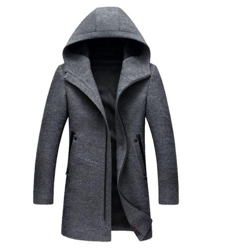 Mens Winter Long Hooded Wool Trench Coat
