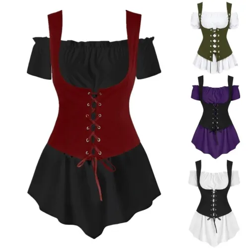 Medieval Steampunk 2Peices Clothing Set For Woman Off Shoulder Shirt Bandage Vest Stage Viking Pirate Cosplay Costumes