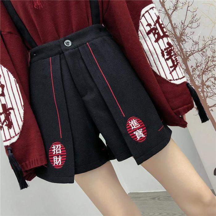 Embroidery High Waist Overall Shorts