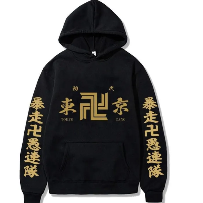 Black Anime Hooded Tokyo Revengers Print Loose Pocket Hoodie Fleece Pullover Sweatshirt