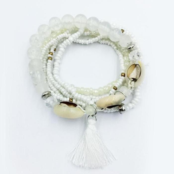 Multi-Layer Beaded Seashells And Tassel Bracelet