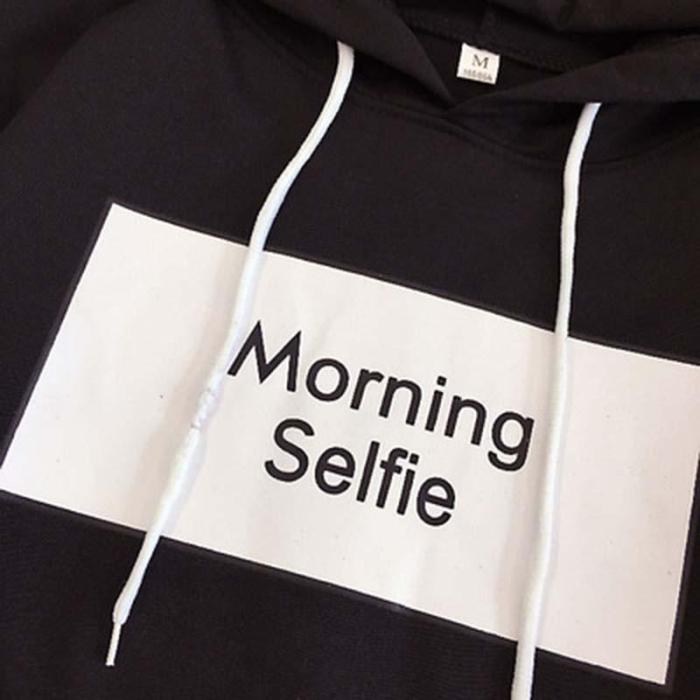 Fake Two-Piece Tee Stripe Letter Print Morning Selfie Hoodie