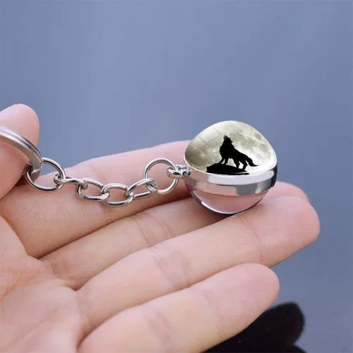 Wolf And Moon Glass Ball Keychain