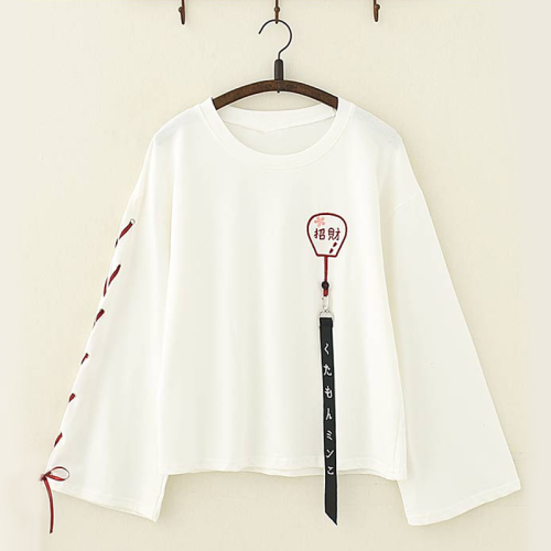 Harajuku Lucky Fan Embroidery Strappy Sleeves Top