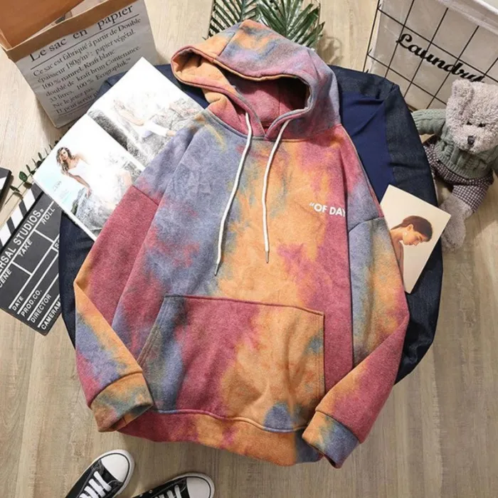 Oversize Tie Dye Hoodie Plus Velvet Hooded Casual Sweatshirt Tops Harajuku Korean Style Pullover