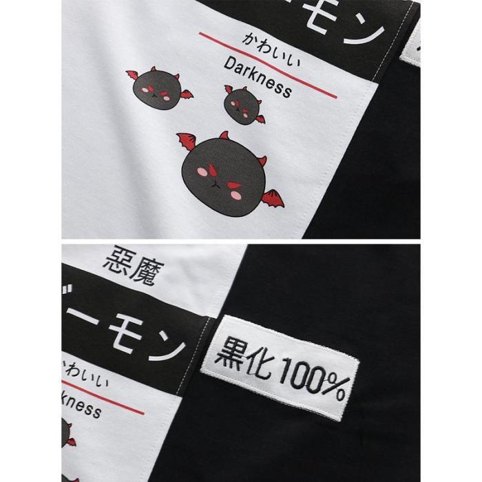 Japanese Devil Darkness Print Color Block T-Shirt