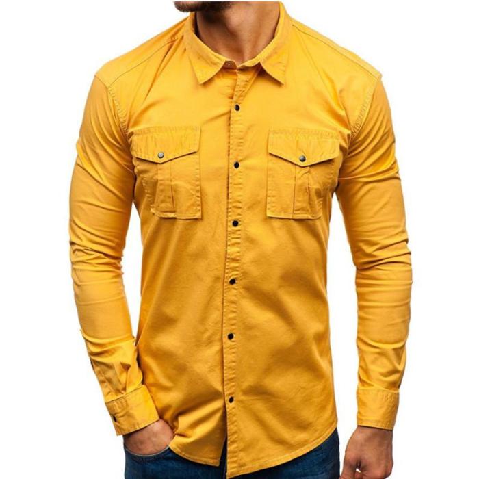Men'S Work Shirt Multiple Pockets Solid Color Cotton Shirt
