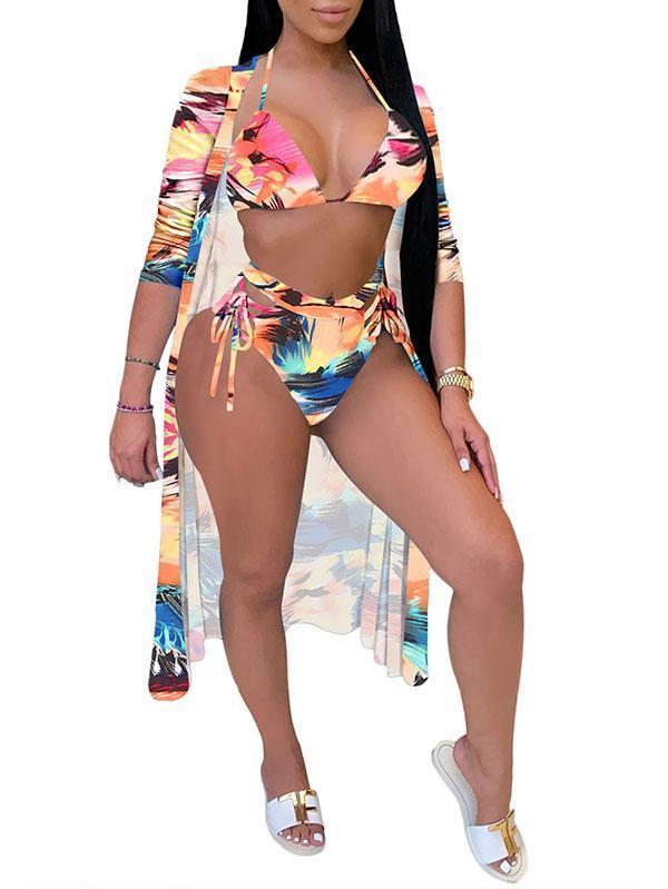 Halter Triangle Top High Waist Bikini Set With Beach Cover Up