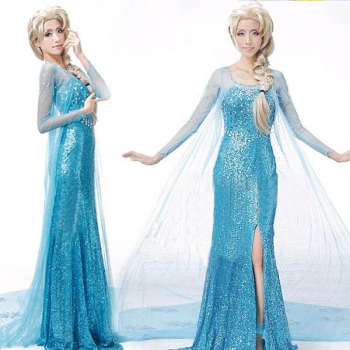 Frozen 2 Snow Queen Princess Elsa Blue Dress Cosplay Costume For Women