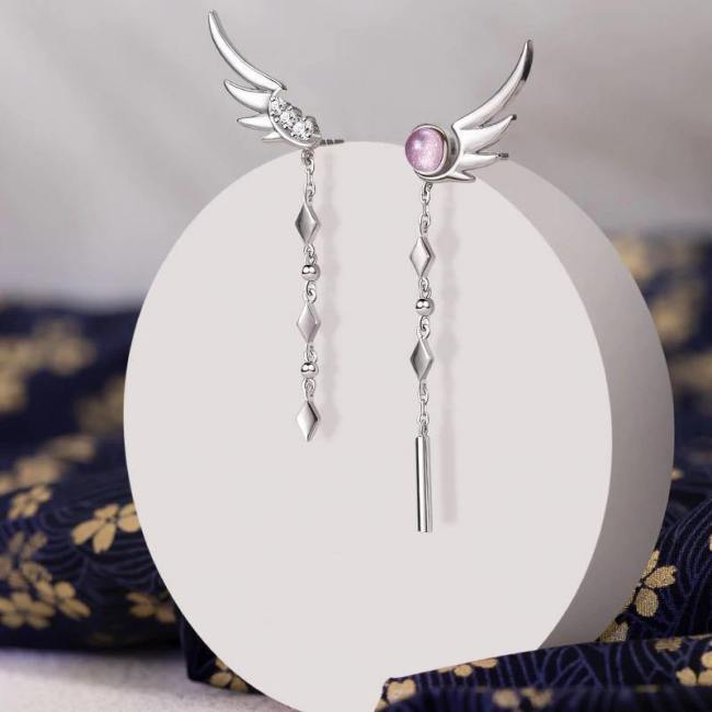 Dangling Crystal Angel Wing Earrings In Sterling Silver