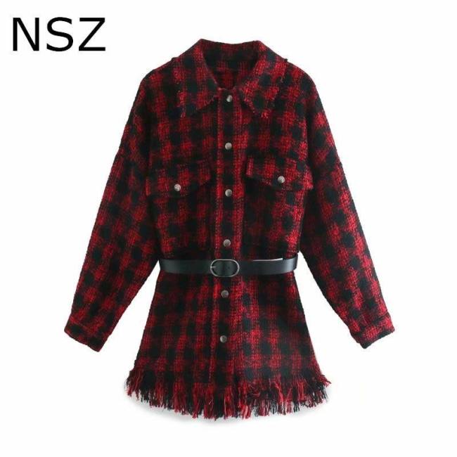 Nsz Women Houndstooth Oversized Tweed Plaid Jacket Female Checked Overshirt Coat Belted Ladies Tassel Outerwear Chaqueta Mujer