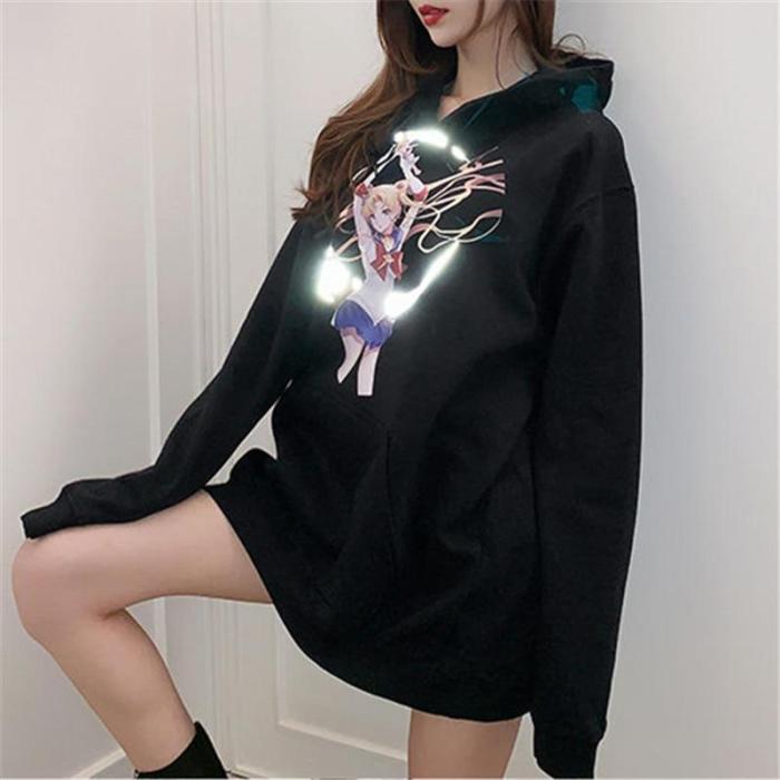 Winter Women'S Reflective Oversized Casual Hoodie Anime Girls Moon Illuminate Drop Shoulder Sweatshirt Plus Pocket Fleece Tops