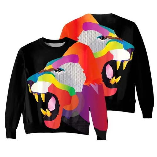 Men Fashion Lion Pattern O-Neck Print Hoodies