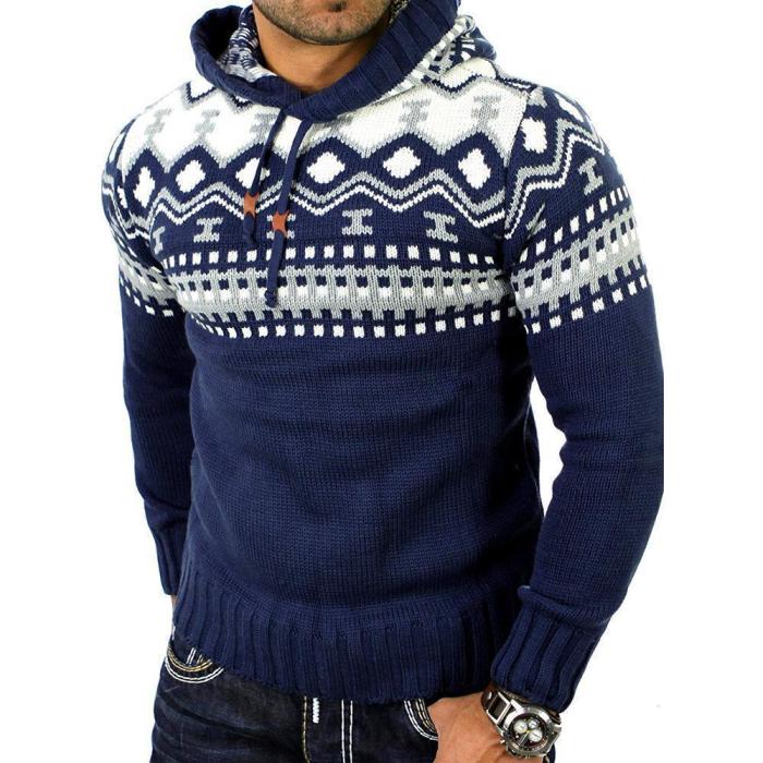Woolen Print Color Block Hooded Sweater