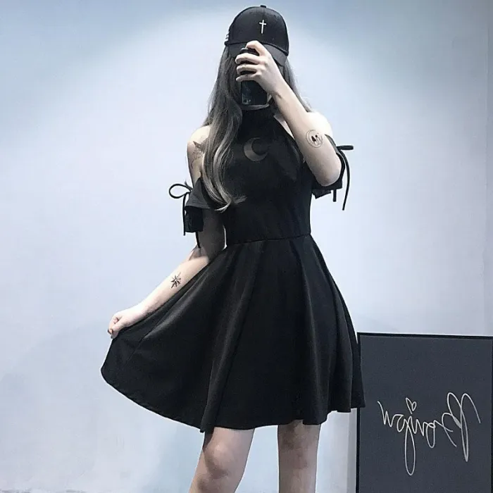 Moon Hollow Out Gothic Black Dress High Waist