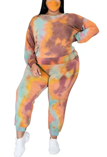 Tie Dye Paint Plus Size Tracksuit Set Lace Up Back With Mask