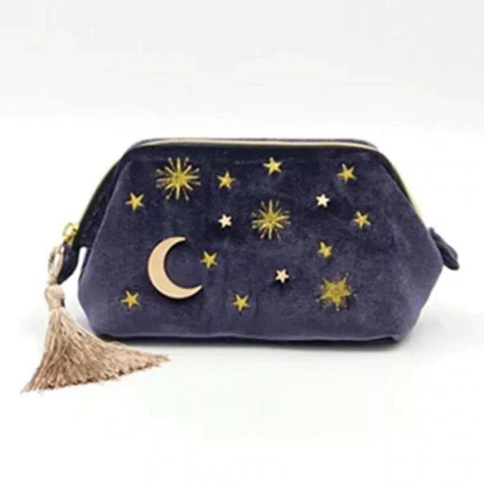 Handy Embroidered Moon And Stars Cosmetic Bag With Chic Tassels