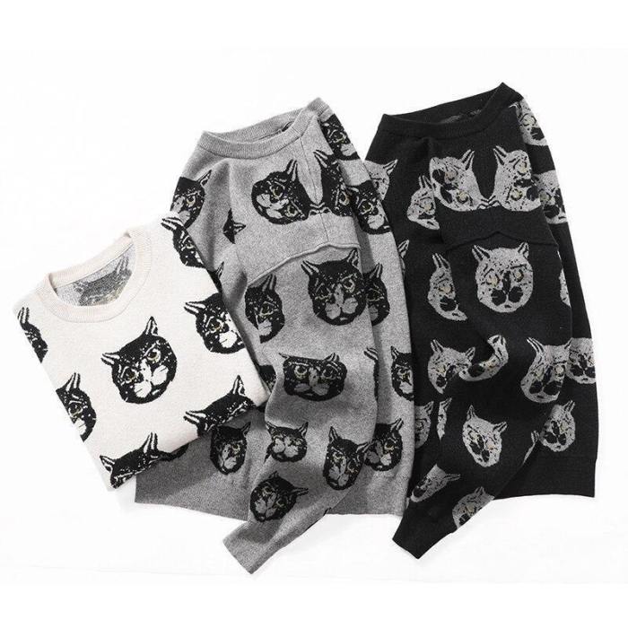 Cartoon Cat Mens Winter Warm Knitted Sweater