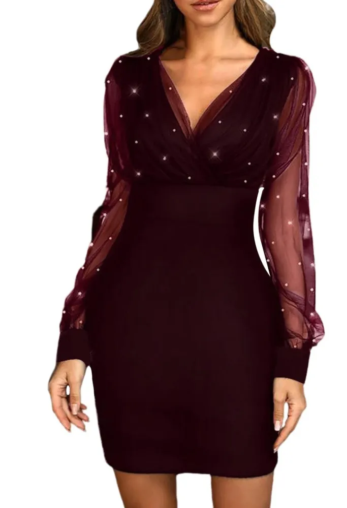 Women Glitter Dress Sheer Mesh Sleeve V Neck Bodycon Mini Dress