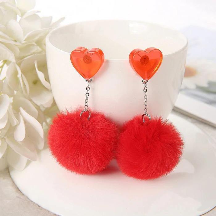 Multicolor Fluffy Pom Pom Heart Earrings