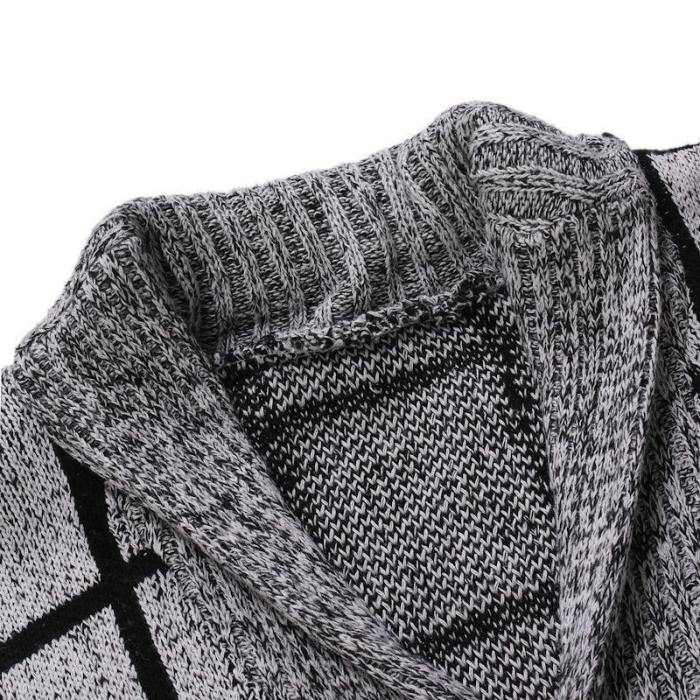Men Fashion Plaid V-Neck Knitted Cardigan Sweater