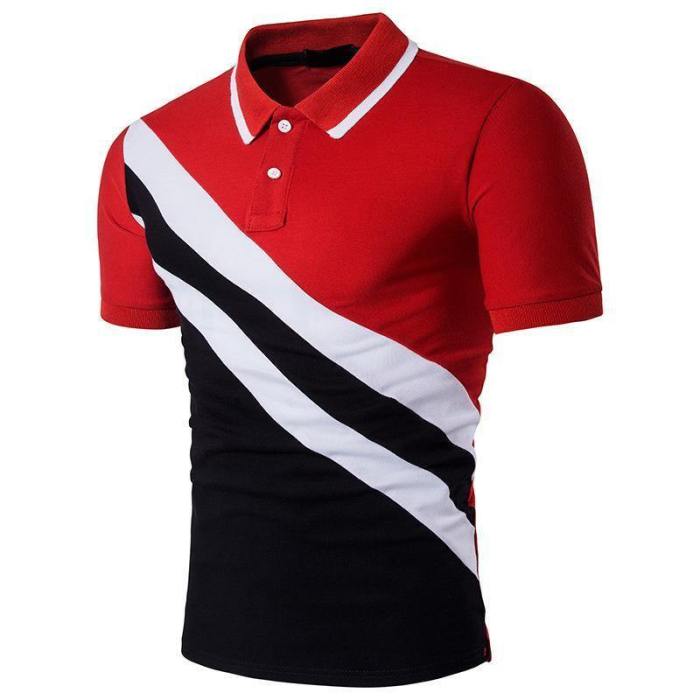 Men'S  Stripe Patchwork Lapel Short-Sleeved Plus-Size T-Shirt