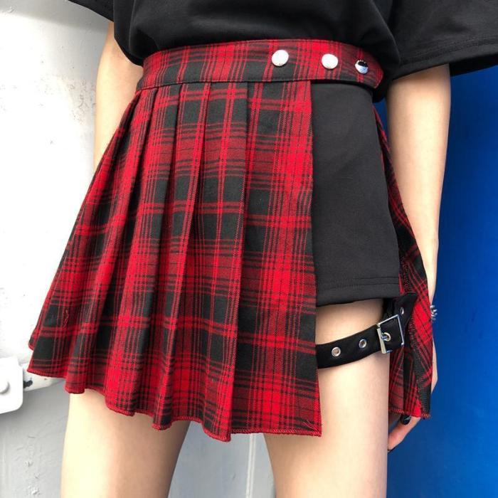 Plaid Pleated Buckle Hollow A-Line Mini Skirt