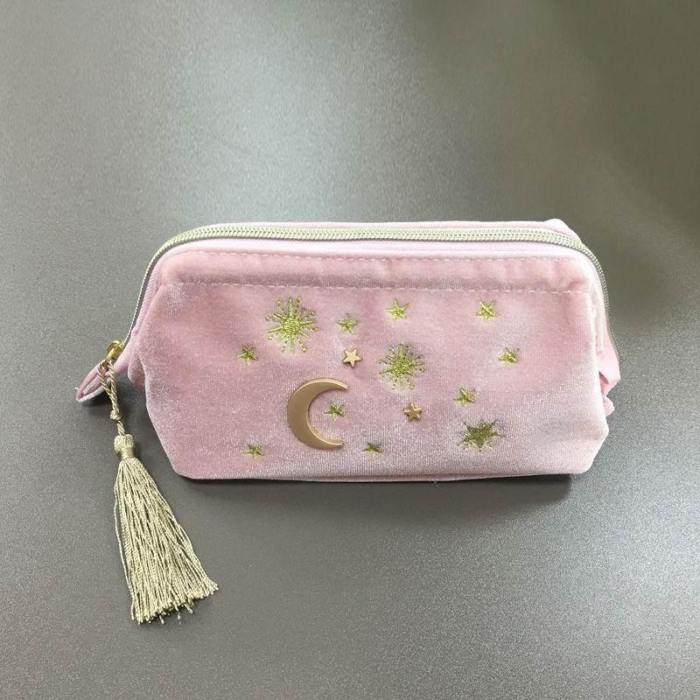 Handy Embroidered Moon And Stars Cosmetic Bag With Chic Tassels