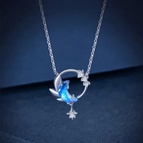 Dreamy Night Moon Rhinestone Charm Necklace