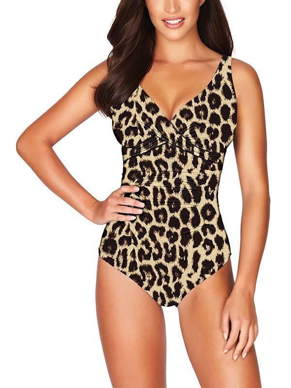 Solid V Neck Pleated One Piece Swimsuit For Women
