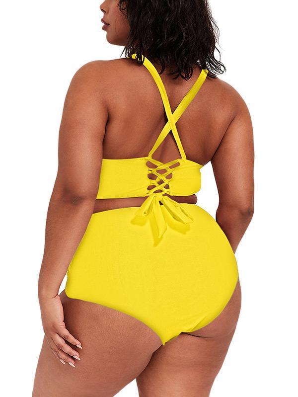 Sexy Plus Size Swimsuits Solid Tummy Control Bikini Set With Tie