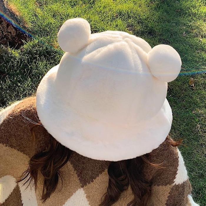 Plush Printed Fluffy Bear Ear Bucket Hats