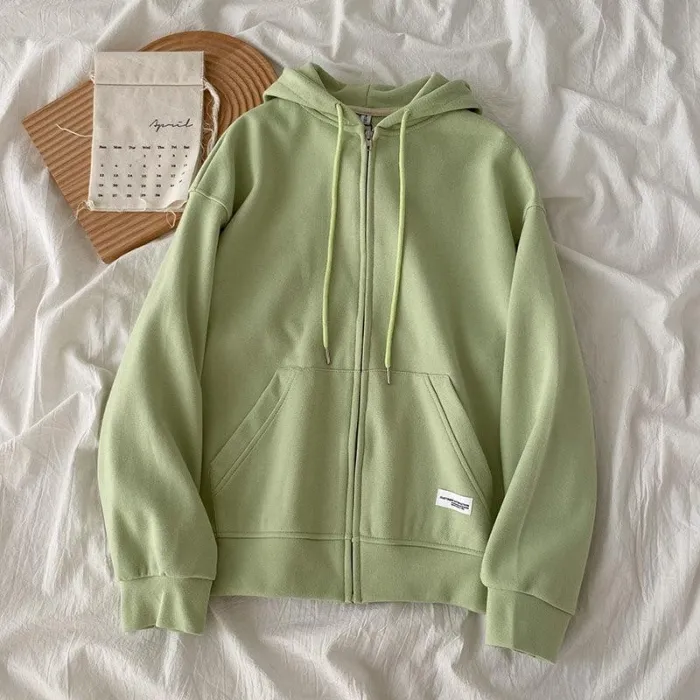 Korean Women Oversize Zip Up Hooded Sweatshirts Cotton Loose Casual Couple Hoodie Outfit