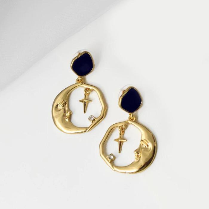 Vintage Round Moon And Star Drop Earrings