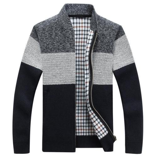 Men  Patchwork Color V-Neck Thick Knitted Cardigan Sweater
