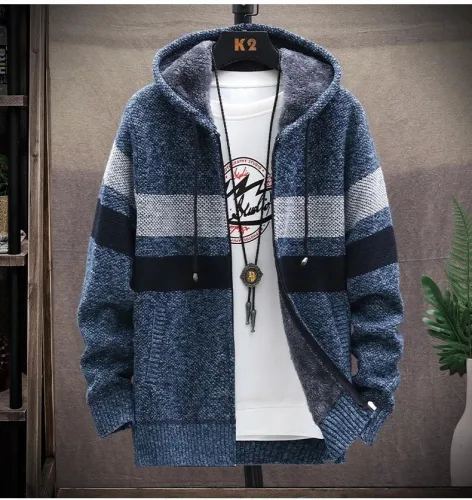 Men'S Knitted Thicken Hood Sweater Casual Keep Warm Cardigan