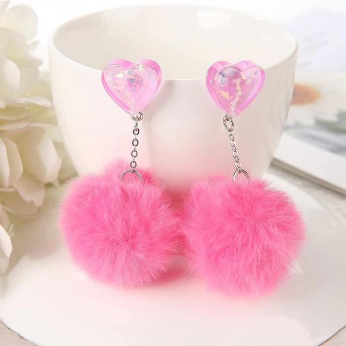 Multicolor Fluffy Pom Pom Heart Earrings