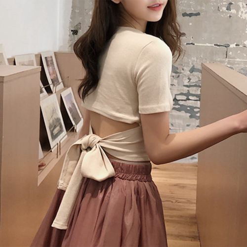 Short Sleeve Tee Backless Lace Up Top Bow Knot