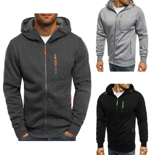 Men Cotton Solid Color Zipper Pullover Hoodies