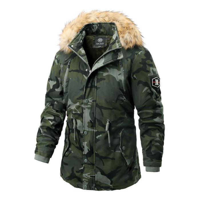 Men'S  Camouflage Hooded Fur Collar Casual Coat