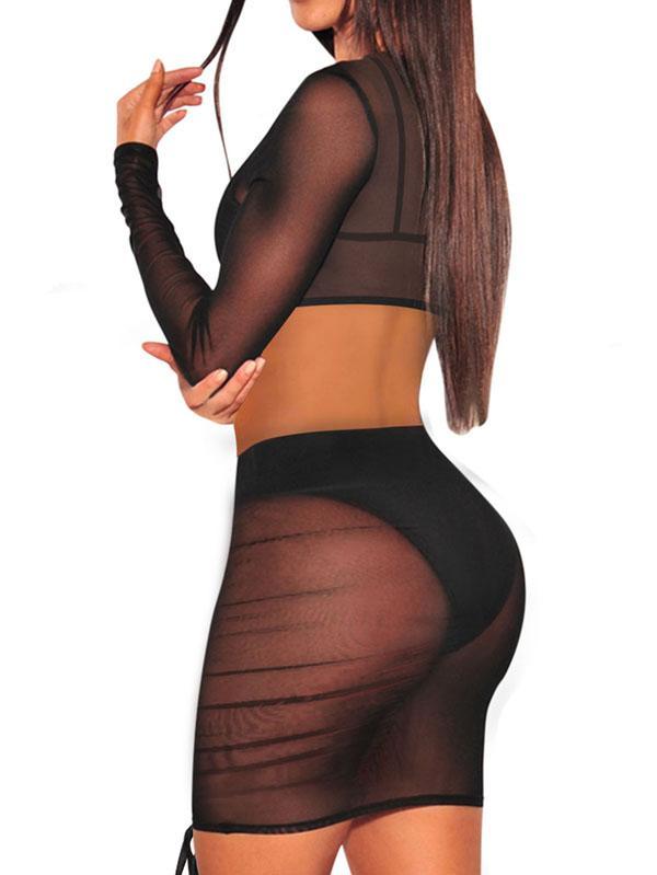 Long Sleeve Mesh Sheer Top Ruched Cover Up Dress For Women