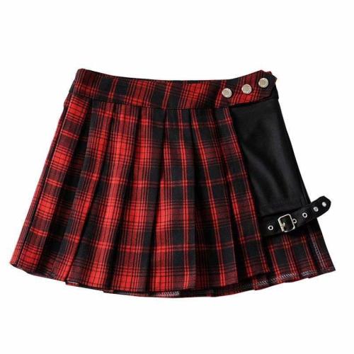Plaid Pleated Buckle Hollow A-Line Mini Skirt