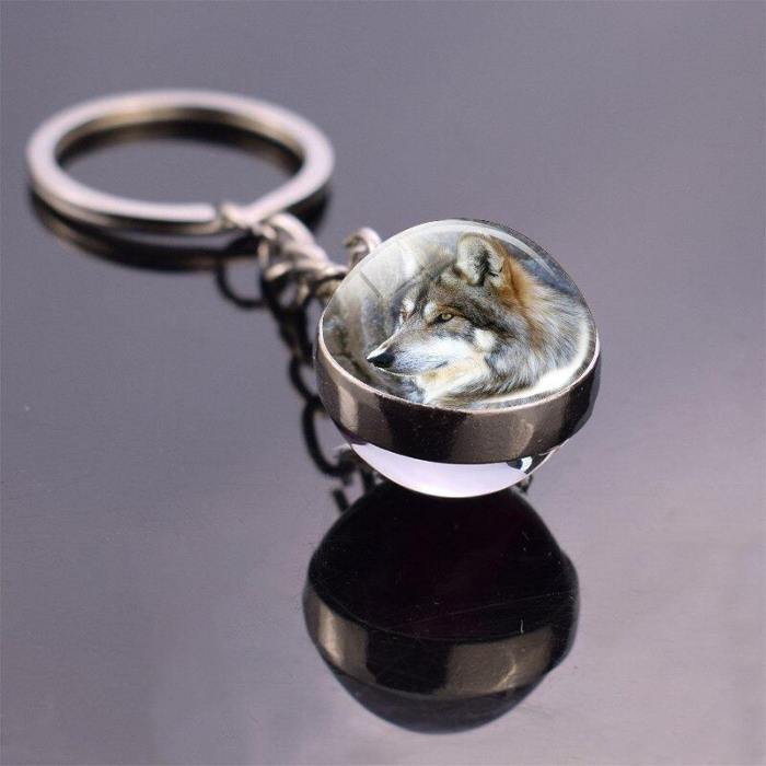 Wolf And Moon Glass Ball Keychain