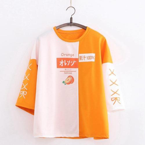 Japanese Orange Letter Print Color Block T-Shirt
