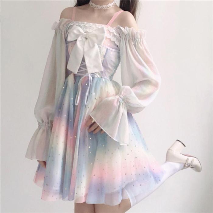 Rainbow Star Bow Lace Up Sweet Tulle Slip Dress