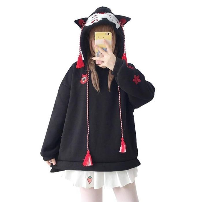 Japanese Cute Street Hoodie Harajuku Fox Ear Hooded Sweatshirt Sakura Embroidery Plus Pullover Tops