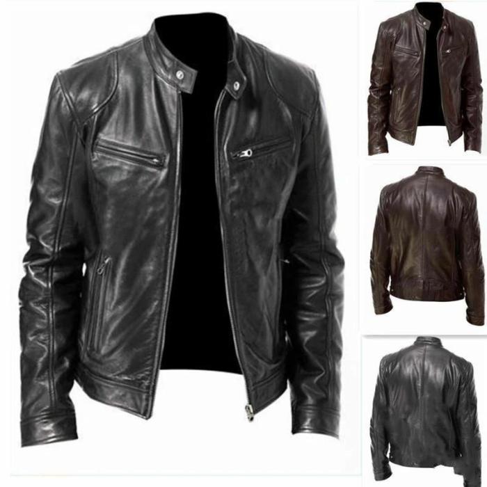 Men Vintage Brown Biker Faux Leather Jacket